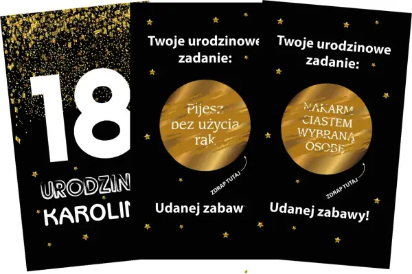 Złote karty z zadaniami na 18 urodziny: "Pijesz bez użycia rąk" i "Nakarm ciastem wybraną osobę". Udanej zabawy!