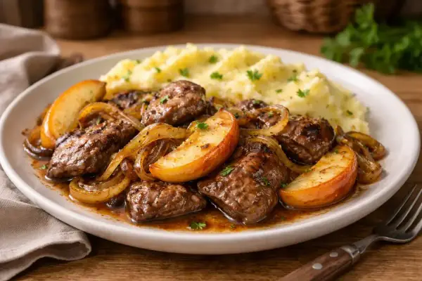 Wątróbka z jabłkiem i cebulką w sosie, podana z purée ziemniaczanym. Pyszne danie, które rozpływa się w ustach.