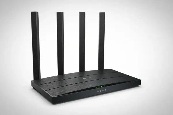 Czarny router Wi-Fi z czterema antenami, idealny do domu. Zastanawiasz się, jaki router do domu wybrać? Ten model oferuje stabilne połączenie.