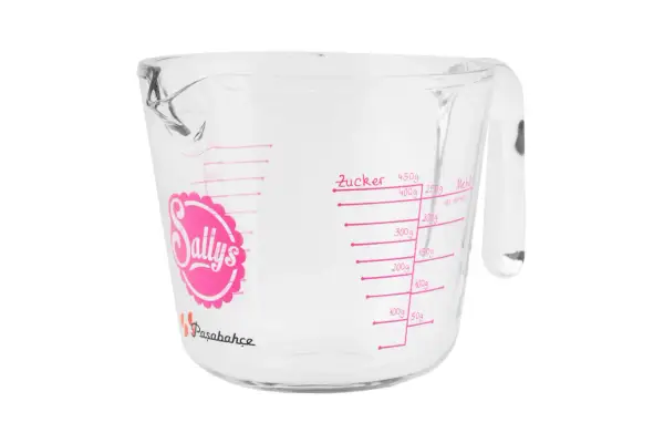 Glas-Messbecher mit rosa Markierungen für Zucker und Mehl. Ideal, um 1 ml abzumessen ohne Messbecher.