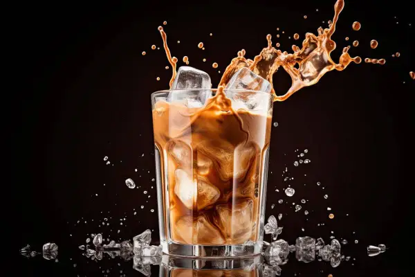 Un café glacé maison éclabousse dans un verre rempli de glaçons.