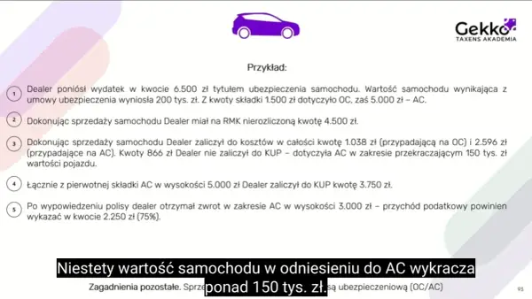 Przykład sprzedaży samochodu a ubezpieczenie: dealer poniósł koszt 6.500 zł na ubezpieczenie, z czego 5.000 zł to AC.