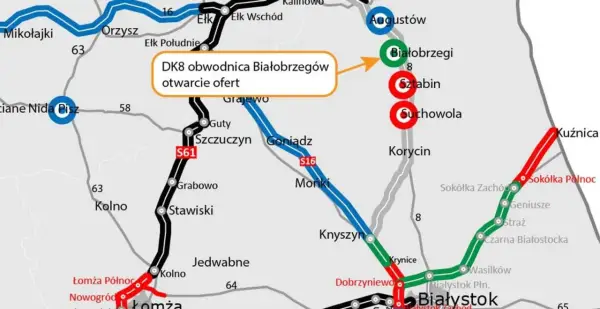 Mapa drogowa z zaznaczoną trasą S61 i DK8 obwodnicą Białobrzegów. Widoczne miejscowości: Augustów, Ełk, Białystok, Łomża. Trasa Zambrów jest częścią tej sieci.