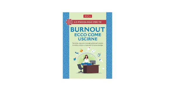 Copertina libro "Burnout Ecco Come Uscirne". Una donna medita alla scrivania, circondata da icone di stress. Utile per chi soffre di burnout mamma come uscirne.