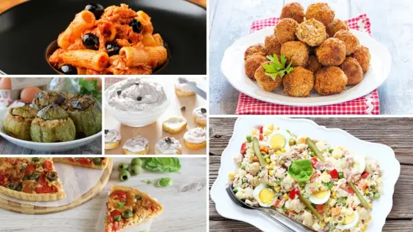 Collage di piatti: pasta al sugo e olive, polpette, zucchine ripiene, tartine, pizza e insalata di riso con specie di tonno.