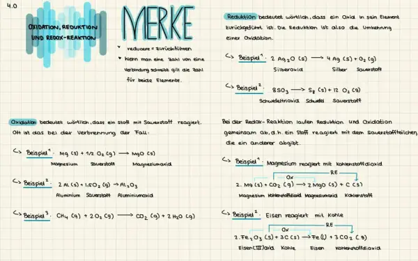 Oxidation: Stoff reagiert mit Sauerstoff. Beispiel: Magnesium verbrennt zu Magnesiumoxid.