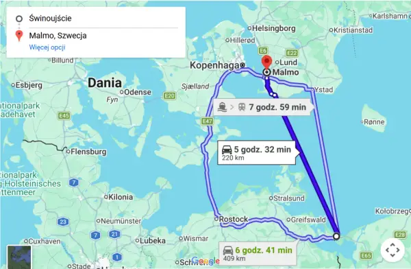Trasa promowa ze Świnoujścia do Malmo, Szwecja. Widoczne opcje podróży samochodem i promem.