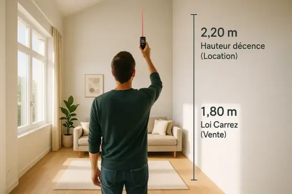 Un homme mesure la hauteur sous plafond d'un salon lumineux avec un appareil laser. Les mesures indiquent 2,20 m pour la décence locative et 1,80 m pour la loi Carrez.