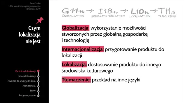 Prezentacja o lokalizacji: globalizacja, internacjonalizacja, lokalizacja i tłumaczenie. Definicje i procesy.