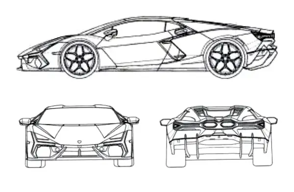Szkic techniczny Lamborghini, pokazujący jak narysować ten sportowy samochód z różnych perspektyw: z boku, przodu i tyłu.