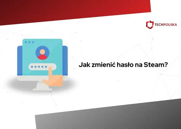 Grafika przedstawia ekran logowania na komputerze z ikoną użytkownika i polem hasła. Tekst "Jak zmienić hasło na Steam?" sugeruje poradnik.