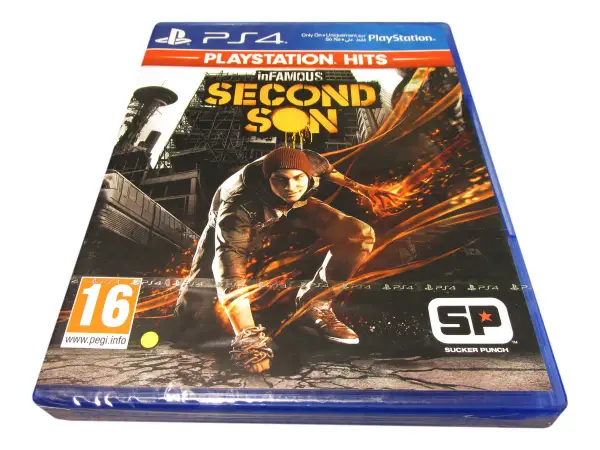 Okładka gry PlayStation 4 "inFAMOUS Second Son" z postacią Delsina Rowem, otoczoną płomieniami.
