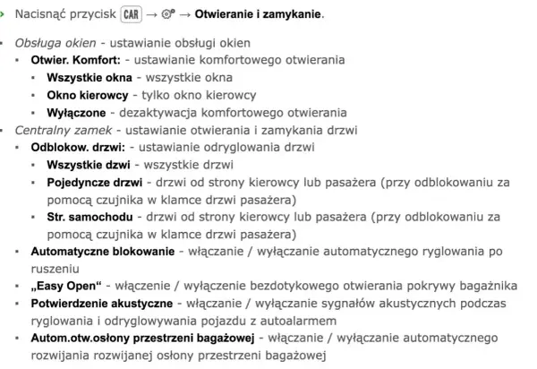 Ustawienia centralnego zamka: odryglowanie wszystkich drzwi, pojedynczych drzwi lub drzwi po stronie kierowcy/pasażera.