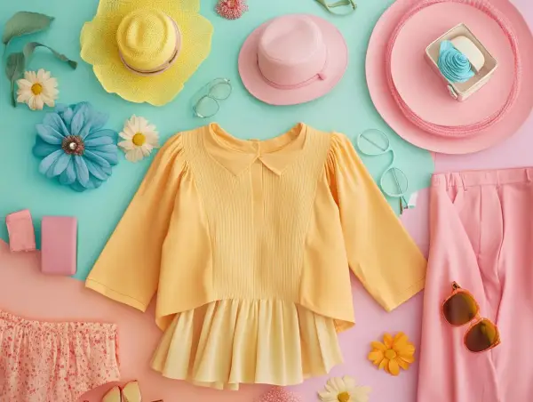 Un'esplosione di **colori caldi**: un outfit estivo con camicetta gialla, pantaloni rosa, cappelli e accessori floreali.