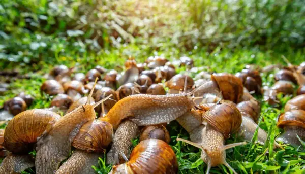 Eine große Gruppe Weinbergschnecken auf grünem Gras. Wohin mit abgesammelten Schnecken? Hier ist ein möglicher Ort.