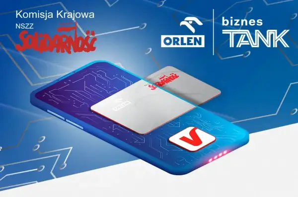 Karta podarunkowa Orlen na tle telefonu z grafiką obwodów drukowanych. Logo "Solidarności" i "Biznes Tank" również widoczne.