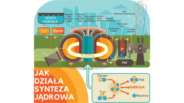 Schemat ilustruje działanie reaktora do fuzji jądrowej, gdzie deuter i tryt tworzą plazmę, generując energię.