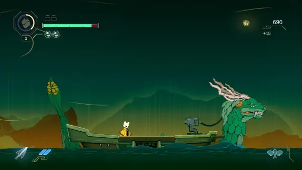 Un gato con capa amarilla navega en una barca junto a un dragón verde. El sol, con nueve rayos, ilumina la escena.
