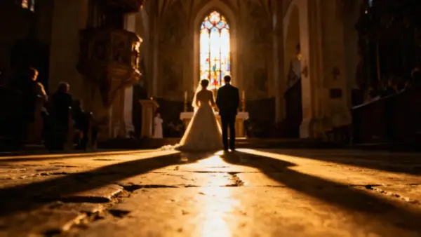 Para młoda stoi przed ołtarzem w kościele, w promieniach słońca. W tle witraż. Piękny moment, jak z psalmy na ślub.