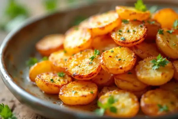 Assiette de pommes de terre rôties, dorées et garnies de persil frais. Une délicieuse recette de pomme de terre facile à réaliser.