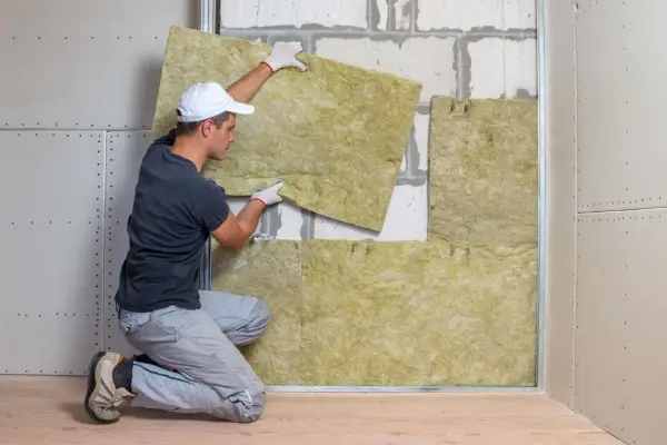 Operaio posiziona pannelli per isolamento termico soffitto dall'interno. Lavori di ristrutturazione in corso.