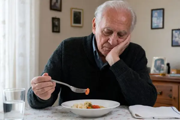 Anziano che non mangia quanto dura, con il cibo nel piatto e un bicchiere d'acqua.