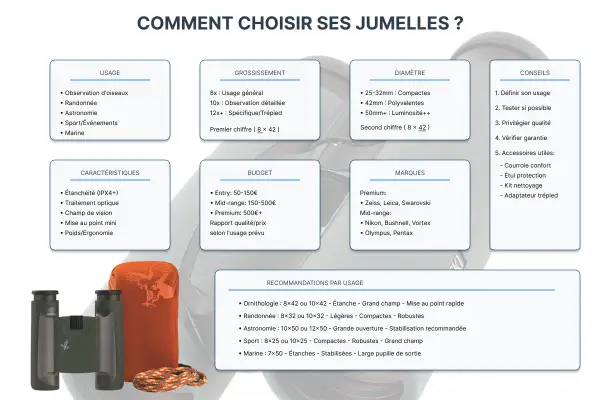 Guide pour comment choisir des jumelles : usage, grossissement, diamètre, budget, marques, caractéristiques et conseils pour un achat éclairé.