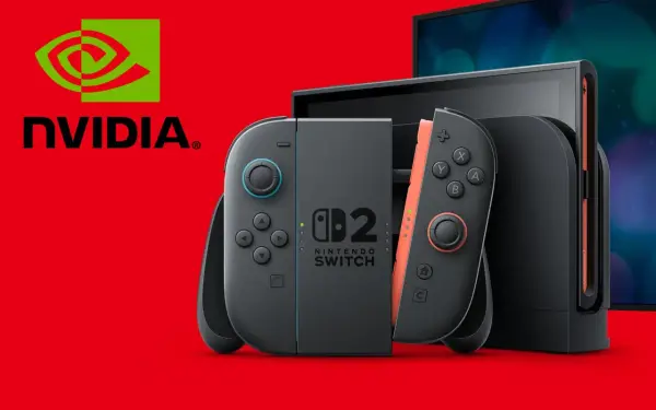 Nintendo Switch z kontrolerami, logo NVIDIA i ekranem. Technologia dynamiczne skalowanie rozdzielczości zapewnia płynną rozgrywkę.