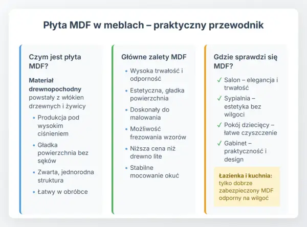 Płyta MDF to materiał drewnopochodny, idealny do mebli. Jest trwała, estetyczna i łatwa w obróbce, sprawdzi się w salonie, sypialni i pokoju dziecięcym.