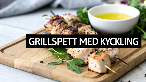 Grillspett med kyckling, saftiga och perfekt grillade, serveras på en träbricka med en skål med olja och gröna blad. En smak av Grekland!