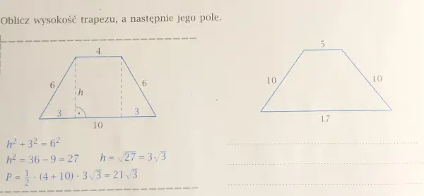 Obliczenia pokazują wzór na wysokość trapezu, gdzie h = 3√3. Obok przykład z innymi wymiarami.