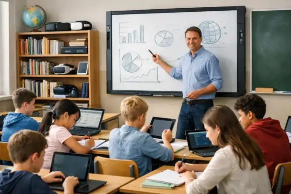 Lehrer erklärt Diagramme an einem Whiteboard, während Schüler mit digitalen Tools wie Laptops und Tablets arbeiten.