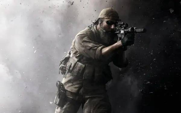 Żołnierz z brodą i karabinem, gotowy do akcji. Jego postawa sugeruje determinację godną zdobycia medal of honor.