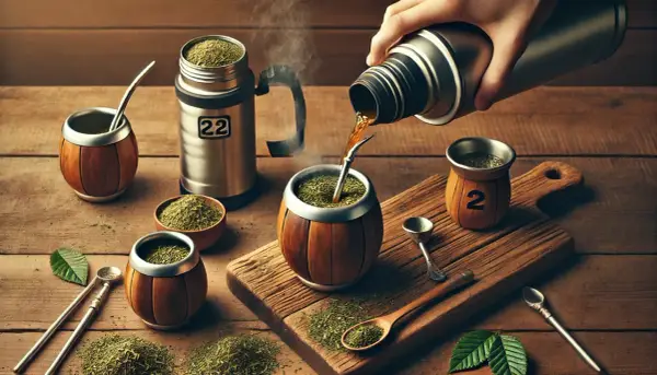 Gorąca yerba mate nalewana z termosu do drewnianych naczyń. Zastanawiasz się, ile razy można zalać yerbę? Zestaw do yerby na drewnianym blacie.