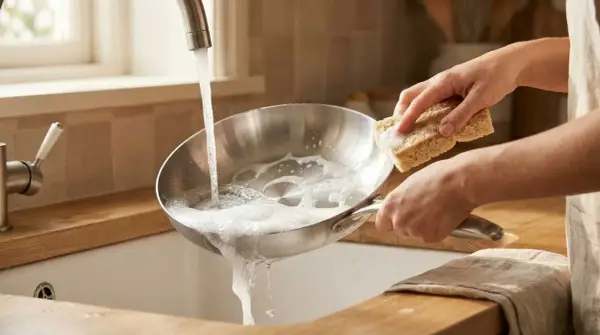 Main d'une personne nettoyant une poêle Tefal avec du vinaigre blanc et une éponge sous un robinet d'eau savonneuse.