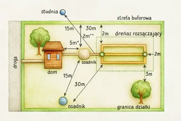 Schemat drenażu działki: dom, studnia, osadnik i drenaż rozsączający z wymiarami.