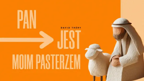 PAN JEST MOIM PASTERZEM" - tekst z grafiką pasterza i owcy. David Théry.