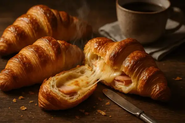 Un croissant au jambon fondant, avec du fromage dégoulinant, prêt à être dégusté avec un café chaud.