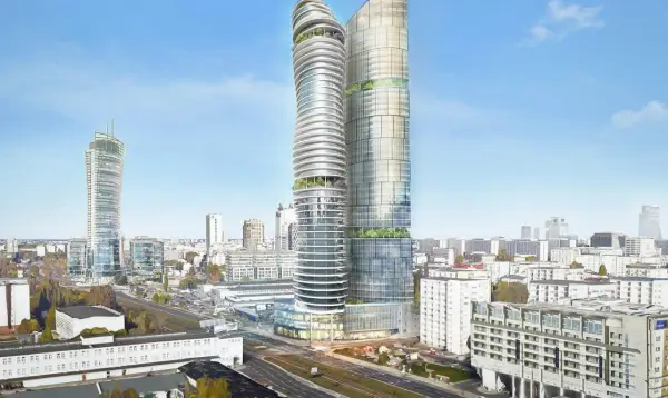 Wizualizacja nowoczesnych wieżowców w centrum Warszawy. Czy spółka Srebrna nadal planuje budowę wieżowca w tym miejscu?