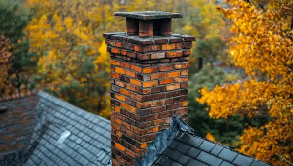 Jesienny komin z cegły na dachu, idealny do wymiany pieca w pomorskim domu.