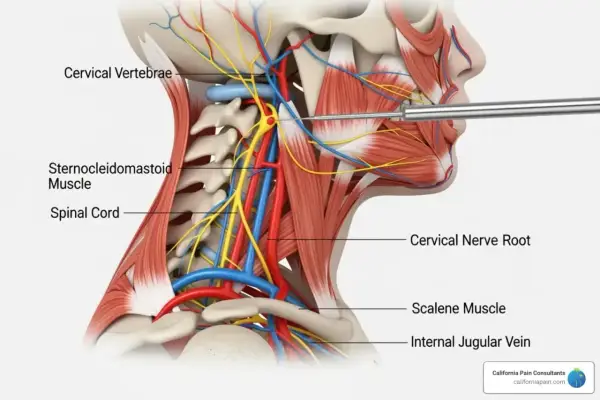 Anatomia szyi z widocznym mięśniem czworobocznym, nerwami i naczyniami. Igła zbliża się do korzenia nerwu szyjnego.