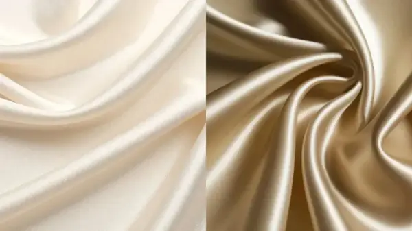 Zwei Stoffbahnen in Creme und Gold, die die glatte, glänzende Textur von Satin zeigen.