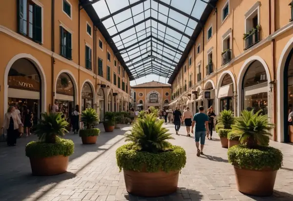 Passeggiata in una via dello shopping a Venezia, con portici, negozi e piante in vaso sotto un tetto di vetro.