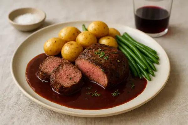 En saftig marinerad oxfile skuren i skivor, serverad med småpotatis, gröna bönor och en mustig sås.