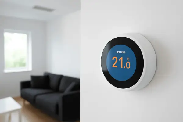 Termostato inteligente en pared, mostrando "HEATING" y 21.0°C. Al fondo, un salón moderno con sofá negro.