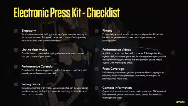 Checklist pour un dossier de presse artiste exemple : biographie, musique, photos, vidéos, agenda, presse, contacts.