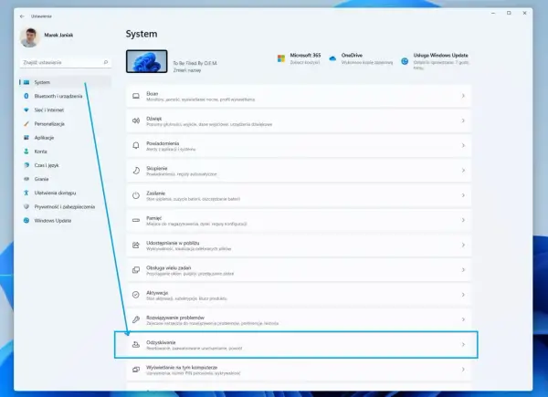 Ustawienia systemu Windows, sekcja "Odzyskiwanie" - tu znajdziesz opcje, jak sformatować komputer, resetując go lub uruchamiając zaawansowane opcje.