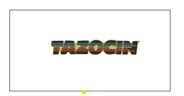 Napis TAZOCIN w stylu retro, z kolorowymi pasami.
