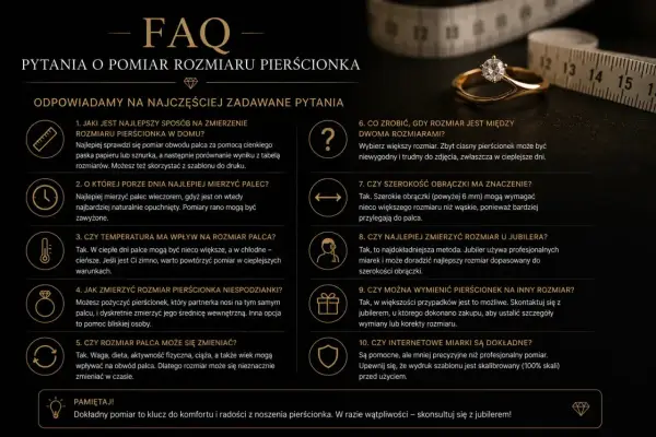 Obwód palca 6 cm jaki to rozmiar? Na stronie FAQ znajdziesz wskazówki, jak zmierzyć palec i dobrać idealny pierścionek.