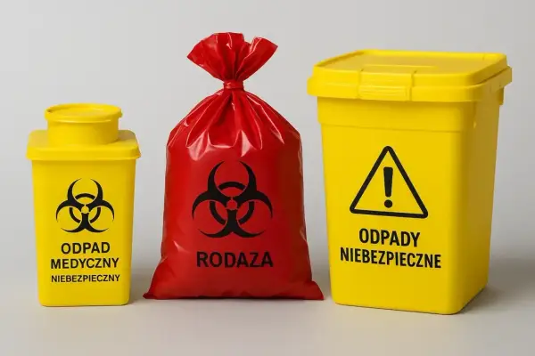 Żółte pojemniki i czerwony worek z symbolem biohazardu. Oznaczenia: "ODPAD MEDYCZNY NIEBEZPIECZNY", "RODAZA", "ODPADY NIEBEZPIECZNE". Kod odpadu 18 01 04.